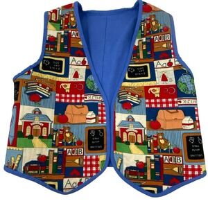 Vintage Teacher School Novelty Reversible Woven Ribbon Vest Blue Multi Med/Large